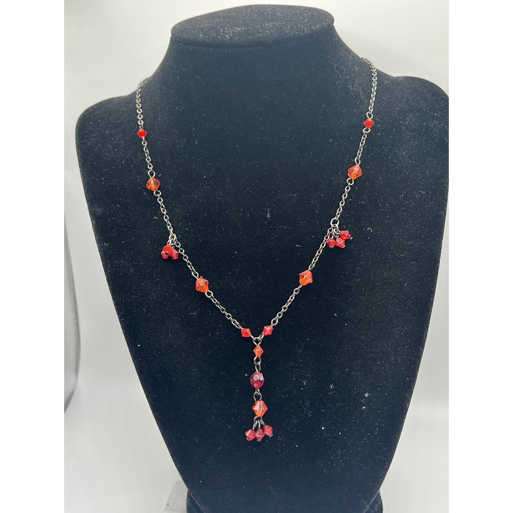 Vintage Red Crystal Y Necklace Silver Tone Dangle Drop 17"‎ Valentine Gift